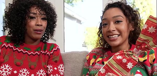  Black stepmom Misty Stone and stepdaughter Sarah Lace xmas 3some fun